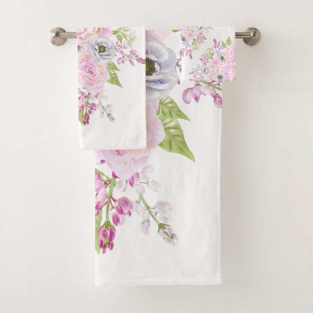 Pink Peony Floral WhimsicalArtwork™ Bath Towel Set (Insitu)