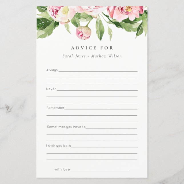 Pink Peony Floral Wishes Advice for Bride Groom (Front)