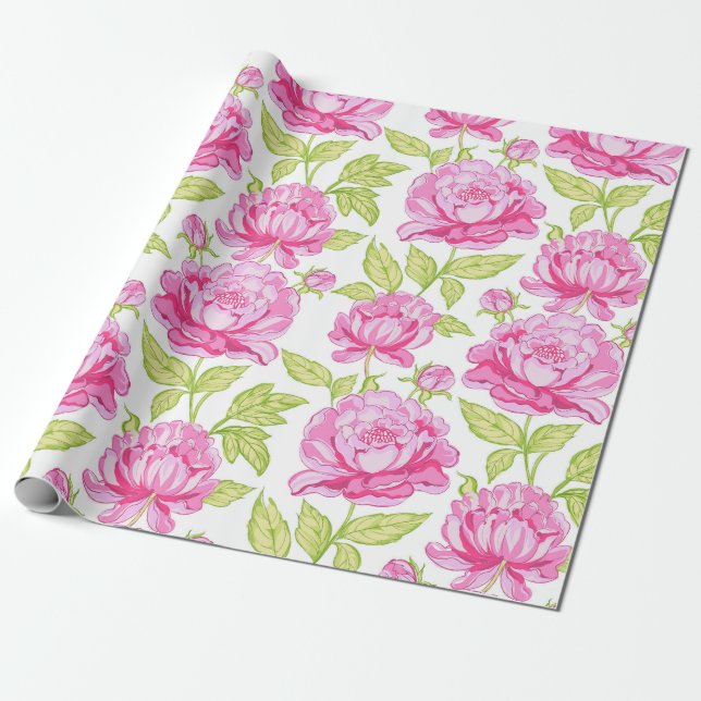Pink Peony Floral Wrapping Paper (Unrolled)