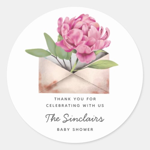 Pink Peony Flower Baby Shower By Mail Favor Classic Round Sticker