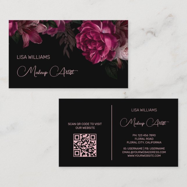 Pink Peony Flower Black Business Card (Front/Back)