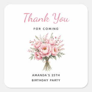 Pink Peony Flower Bouquet Birthday Thank You Square Sticker