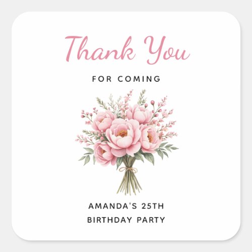 Pink Peony Flower Bouquet Birthday Thank You Square Sticker