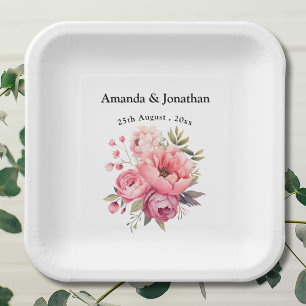 Pink Peony Flower Bouquet Monogram Wedding Paper Plates