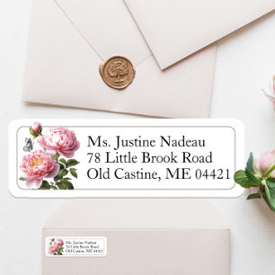 Pink Peony Flower Butterfly Border Return Address Label