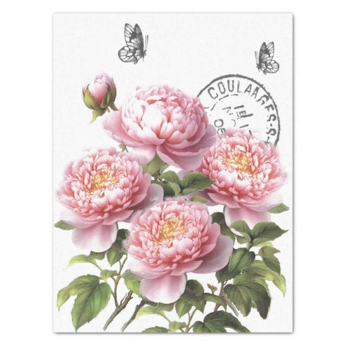 Pink Peony Flower Butterfly French Postmark Craft Tissue Paper