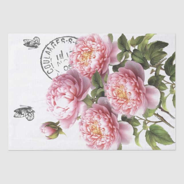 Pink Peony Flower Butterfly French Postmark Craft Tissue Paper (Front)