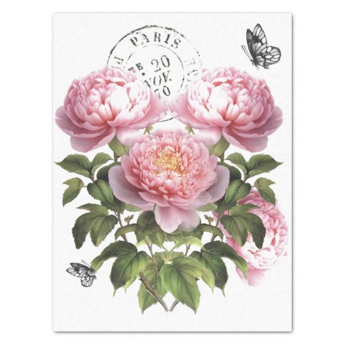 Pink Peony Flower Butterfly French Postmark Craft Tissue Paper