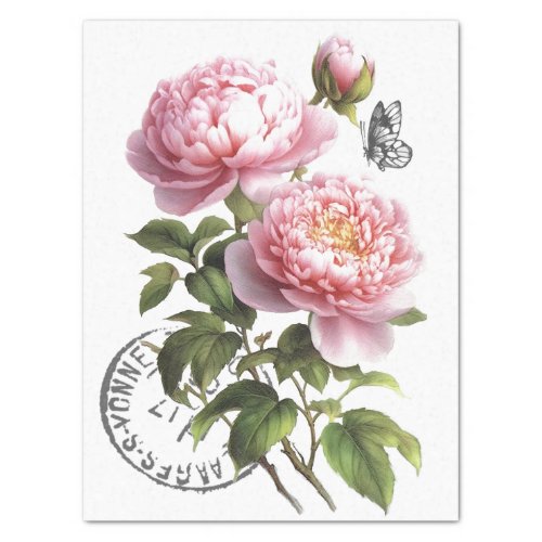 Pink Peony Flower Butterfly French Postmark Craft  Tissue Paper