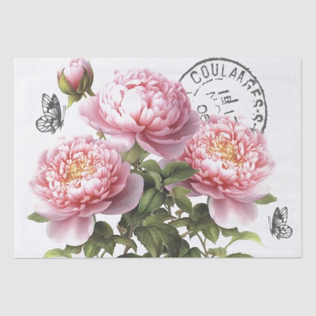 Pink Peony Flower Butterfly French Postmark Craft  Tissue Paper (Front)