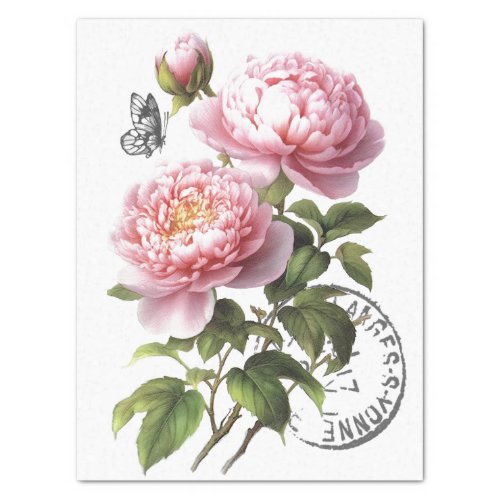 Pink Peony Flower Butterfly French Postmark Craft  Tissue Paper