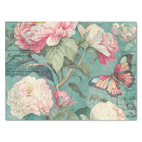 Pink Peony Flower Butterfly Teal Decoupage Craft   Tissue Paper