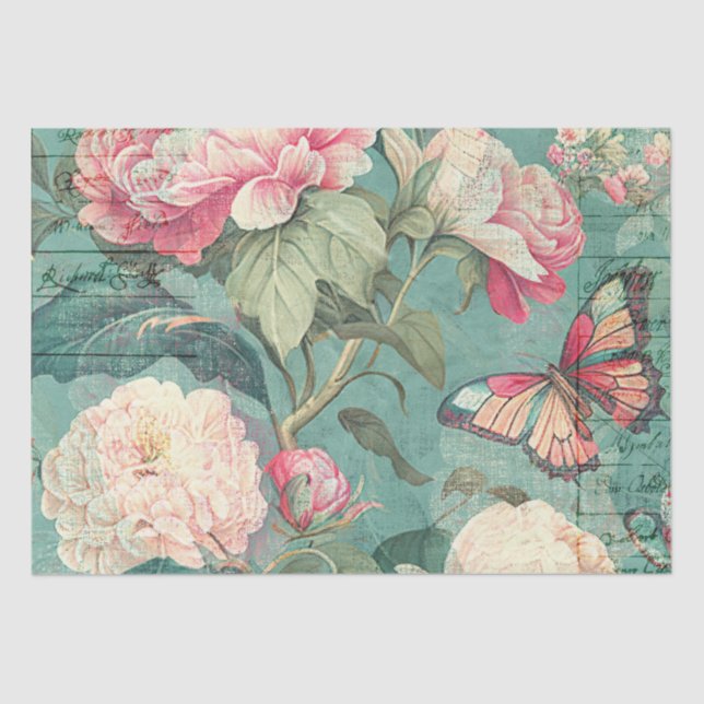 Pink Peony Flower Butterfly Teal Decoupage Craft   Tissue Paper (Front)