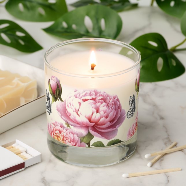 Pink Peony Flower Butterfly Vintage Cottage   Scented Candle (Lit)