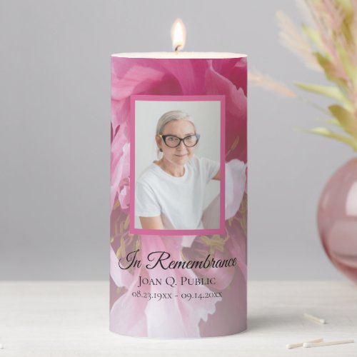 Pink Peony Flower Celebration of Life Funeral Pillar Candle