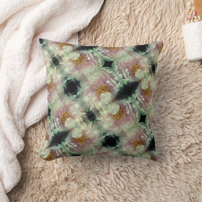 Pink Peony Flower Center Pattern  Throw Pillow (Blanket)