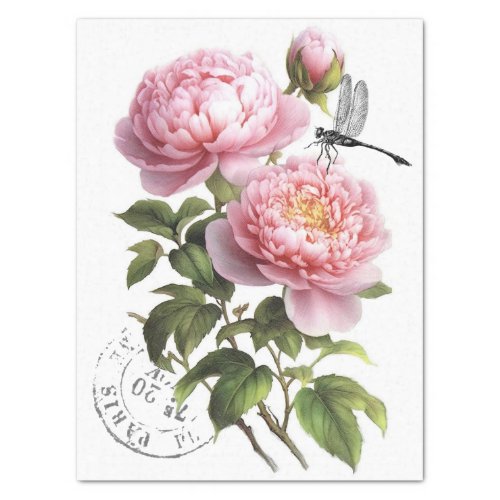 Pink Peony Flower Dragonfly French Postmark Craft  Tissue Paper