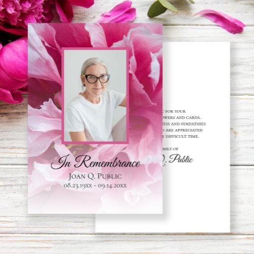 Pink Peony Flower Funeral Memorial Sympathy Thank You Card