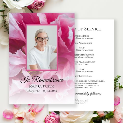 Pink Peony Flower Funeral Service Program