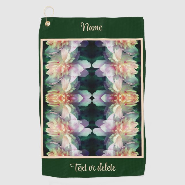 Pink Peony Flower Multiplied Abstract Personalized Golf Towel (Front)