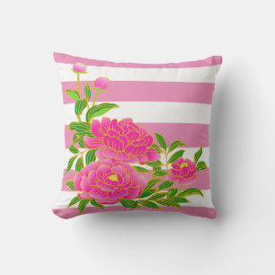 Pink Peony Flower on Striped Background Summer Outdoor Pillow