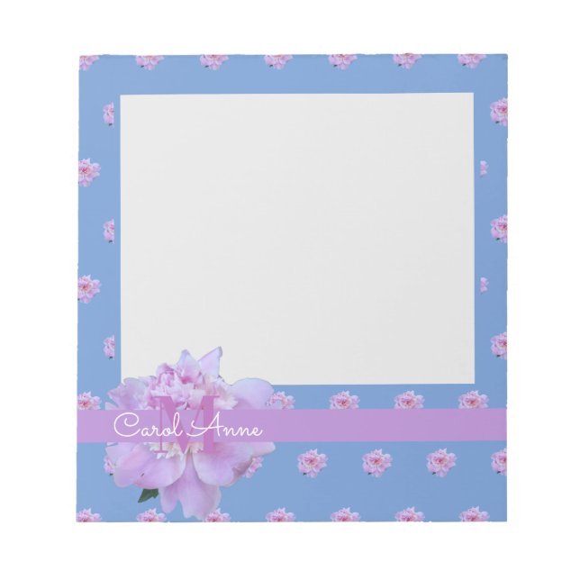 Pink Peony Flower Purple Monogram Blue Not Notepad (Front)