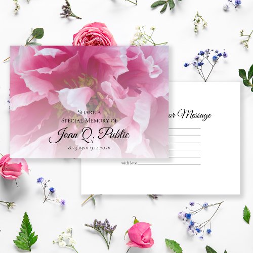 Pink Peony Flower Share a Memory Funeral  Note Card