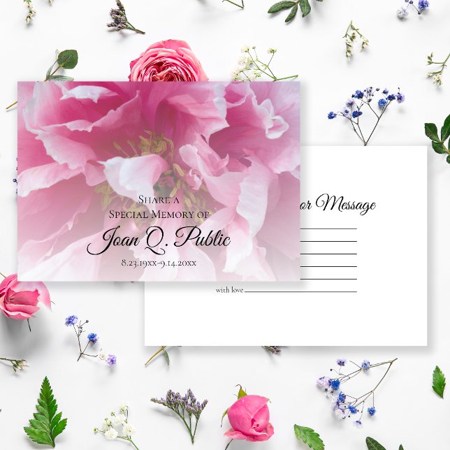 Pink Peony Flower Share a Memory Funeral  Note Card (Creator Uploaded)