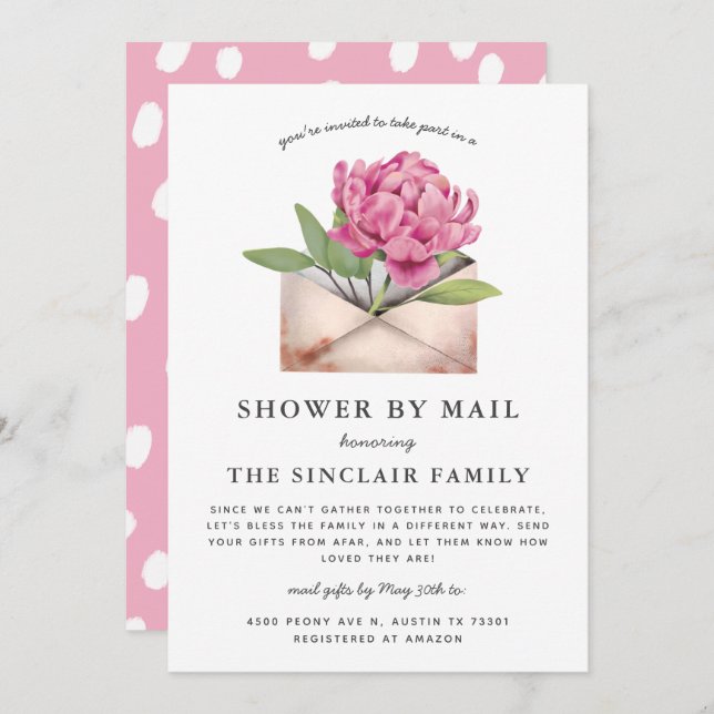 Pink Peony Flower Shower By Mail Invitation (Front/Back)