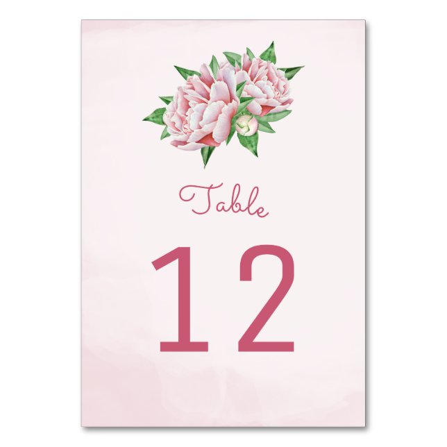 Pink Peony Flower Table Number Cards (Front)