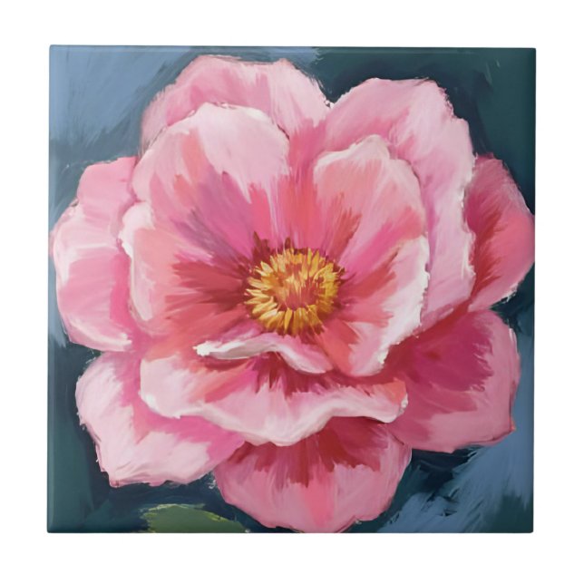 Pink Peony Flower Watercolor Floral Ceramic Tile (Front)