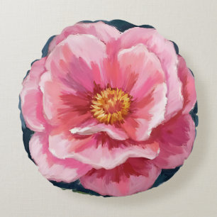Pink Peony Flower Watercolor Floral Round Pillow