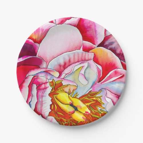 Pink peony flower watercolor paper plates