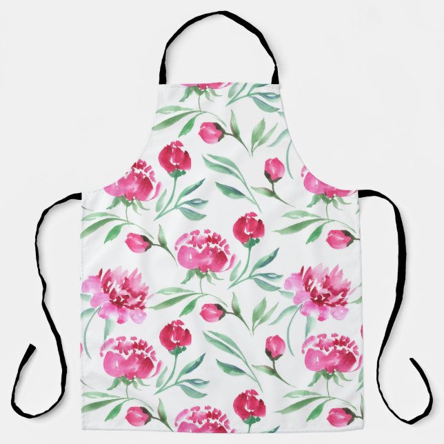 Pink peony flower watercolor seamless pattern apron (Front)
