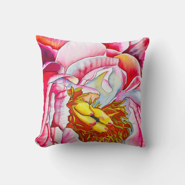 Pink peony flower watercolor throw pillow (Front)