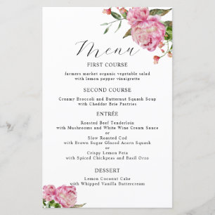 Pink Peony Flower Wedding Dinner Menu