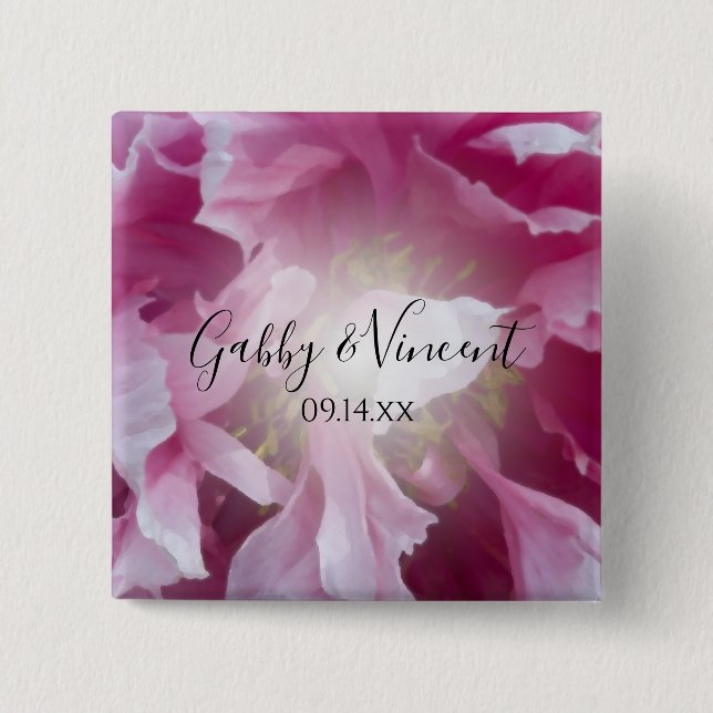 Pink Peony Flower Wedding Pinback Button (Front)