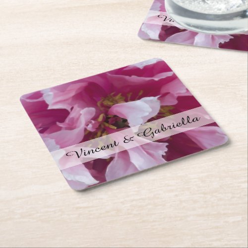 Pink Peony Flower Wedding Square Paper Coaster