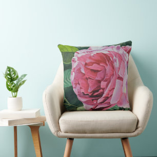 Pink Peony flower with green leaves, Large Throw Pillow