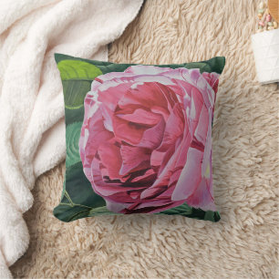 Pink Peony flower with green leaves, solid back, Throw Pillow