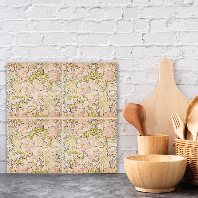 Pink Peony Flowers Alphonse Mucha Ceramic Tile (Creator Uploaded)