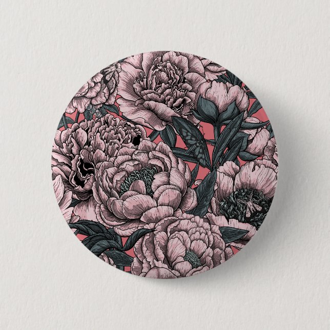 Pink peony flowers and moths button (Front)