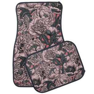 Pink peony flowers and moths car floor mat