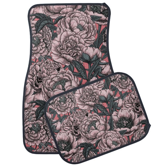 Pink peony flowers and moths car floor mat (Set)