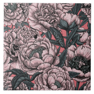 Pink peony flowers and moths ceramic tile