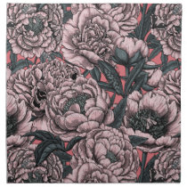 Pink peony flowers and moths cloth napkin