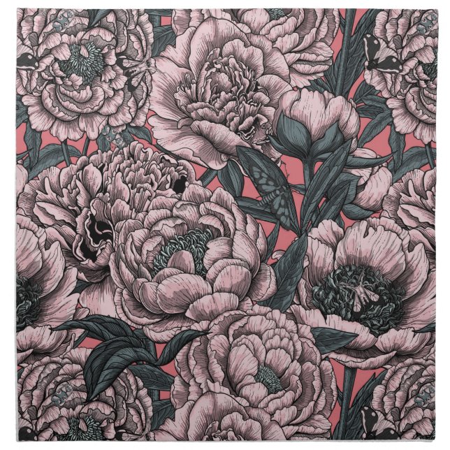 Pink peony flowers and moths cloth napkin (Front)