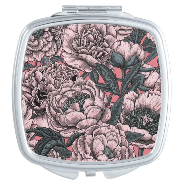 Pink peony flowers and moths compact mirror (Front)