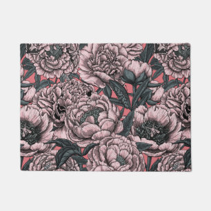 Pink peony flowers and moths doormat