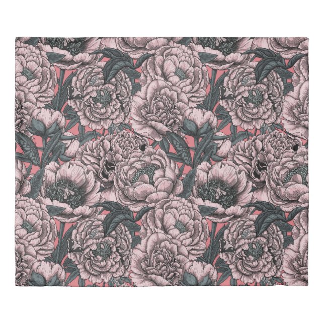 Pink peony flowers and moths duvet cover (Front)